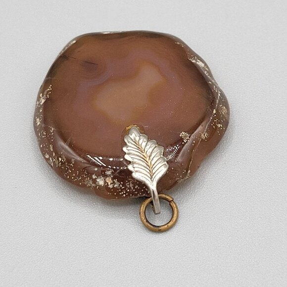 Large Brown Agate Slice Pendant Natural Pattern Silver Tone Necklace Craft - Picture 3 of 7